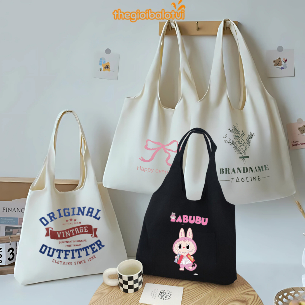 Túi Tote vải Canvas  nhiều họa tiết, ngăn chính rộng rãi, vừa khổ giấy A4 phong cách Hàn Quốc