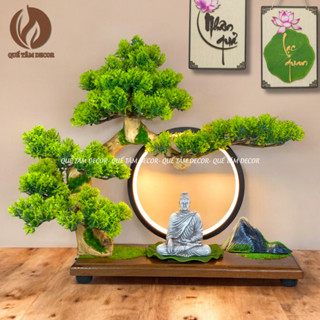 Bộ Tiểu Cảnh Kệ Cây Bonsai và Đèn  Vòng Hào Quàng LED Tượng Phật Đá - Trang Trí Nhà Cửa, Góc Làm Việc Quế Tâm Decor