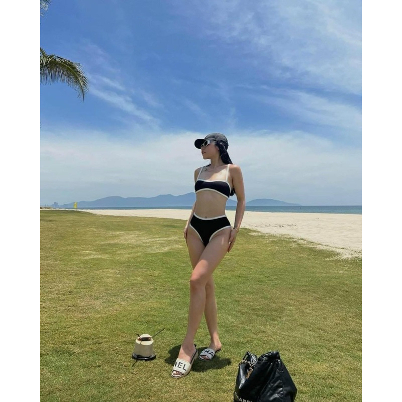 Bikini 2 Mảnh L&L BIKINI Đen Viền Trắng Tôn Dáng Chất Thun Ý Cao Cấp Freesize 45-55kg - L06 | BigBuy360 - bigbuy360.vn