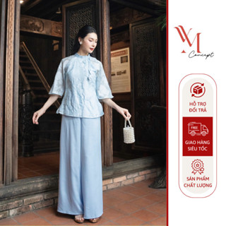 YM Concept Pháp Phục Đi Chùa Tơ Hoa Nổi Đính Nơ Phối Quần Ống Rộng Tay Lỡ AD0979