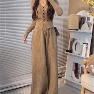 Set Bộ len lông thỏ cao cấp áo mix quần ống rộng hot trend thu đông