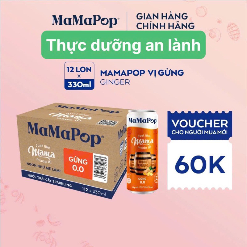 NƯỚC TRÁI CÂY SPARKLING MAMAPOP VỊ BIA GỪNG(12 lonx 330 ml)-NGON NHƯ MẸ LÀM