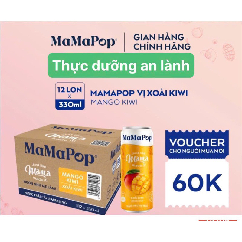 NƯỚC TRÁI CÂY SPARKLING MAMAPOP VỊ XOÀI KIWI (12 lon x 330ml) - NGON NHƯ MẸ LÀM