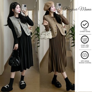 Set đầm mùa đông ấm áp gồm áogile dạ và váy len dài tay chân váy xếp li điệu đà X79 Đầm bầu dự tiệc công sở xinh