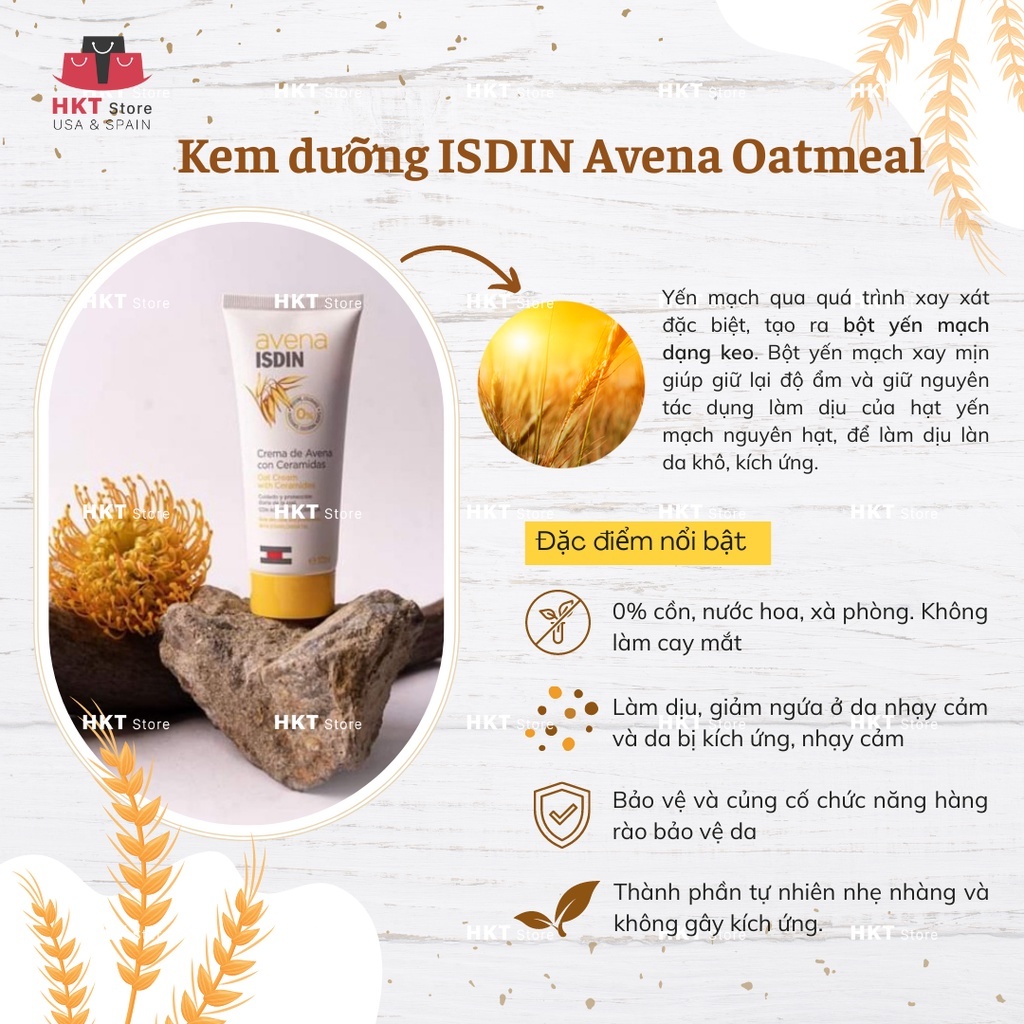 [HKT Store] Kem dưỡng ẩm phục hồi, dịu da ISDIN Avena Oatmeal Cream 100ml Tây Ban Nha