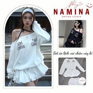 Set bộ nữ áo lệch vai thắt nơ dài tay eo dây rút mix chân váy phồng xòe kèm quần bảo hộ rời freesize