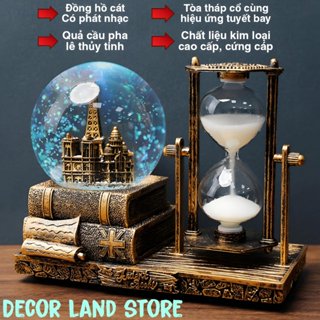 Đồng hồ cát kèm quả cầu pha lê phát sáng 7 màu với mô hình tòa tháp cổ điển, hiệu ứng tuyết bay.