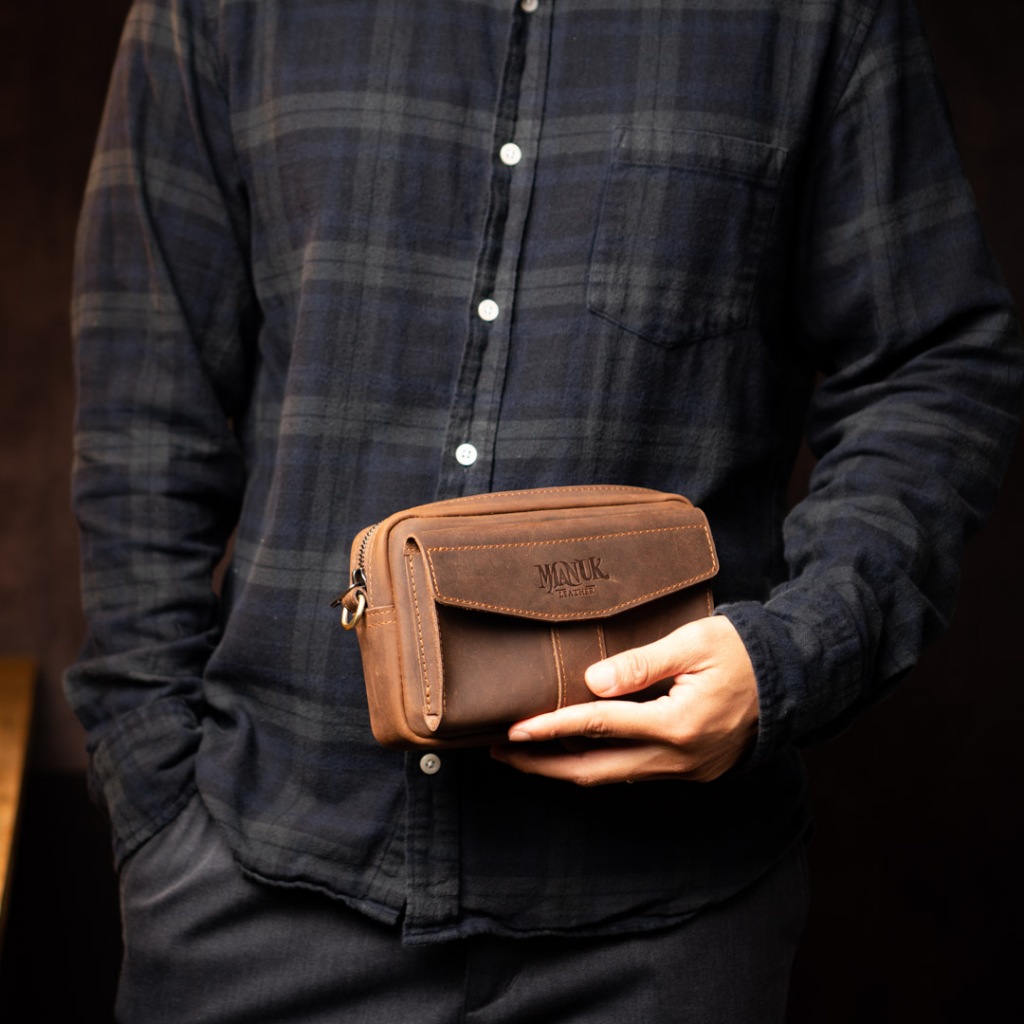 Clutch nam cầm tay mini da bò thật pocket Manuk Leather, túi cầm tay nhỏ gọn kết hợp đeo chéo, Clutch mini bag