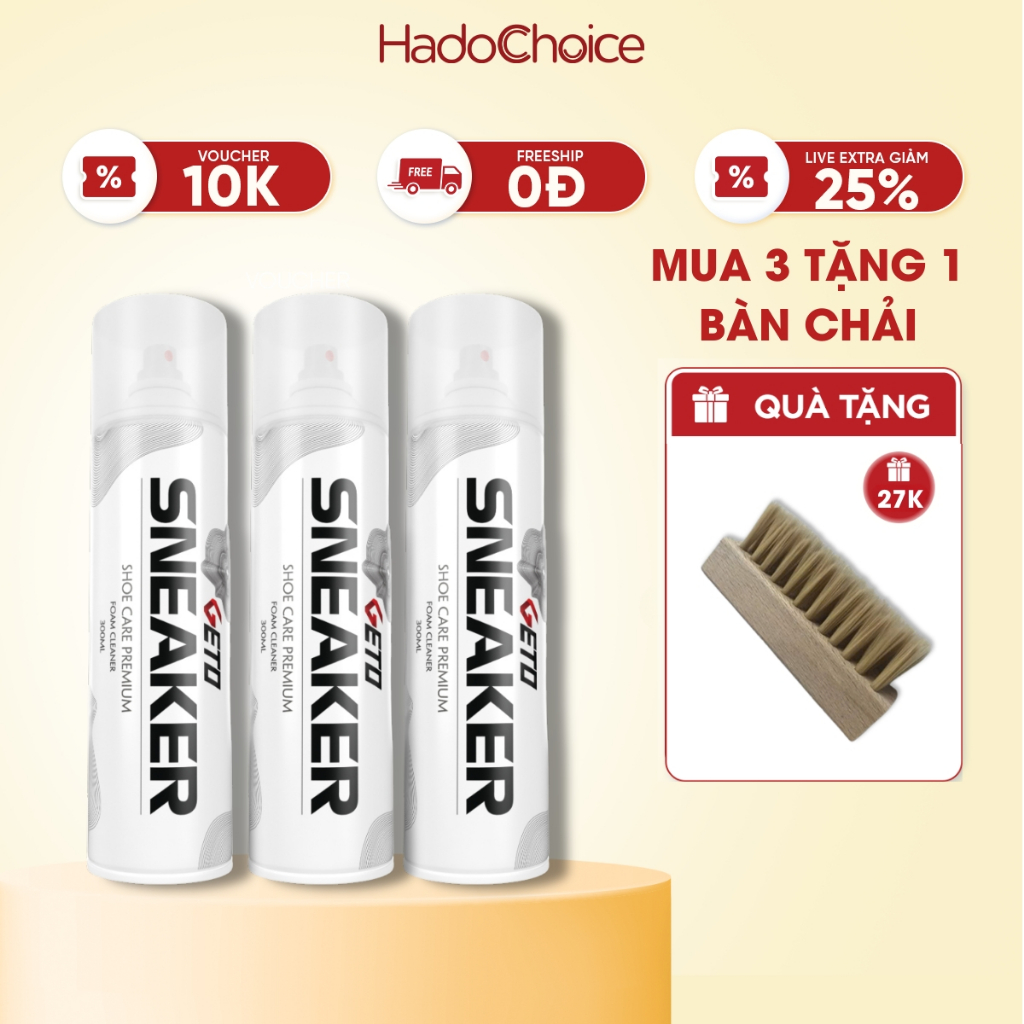 Combo 3 chai xịt tạo bọt vệ sinh giày Sneaker Geto, Combo chai xịt khử mùi giày cao cấp khử mùi hôi