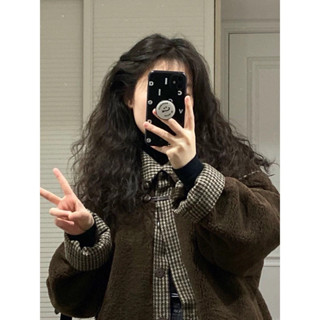 Áo Khoác Lông Cừu Nâu Viền Caro Phong Cách Hàn Quốc Dành Cho Mù Đông Loại Dày Siêu Ấm