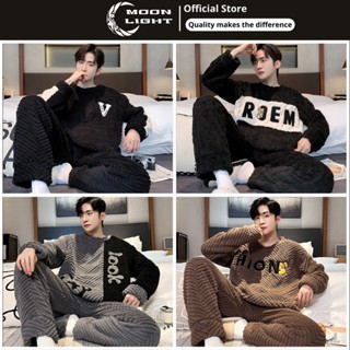 Bộ đồ ngủ nam mùa đông lông cừu 2 mặt dày dặn ấm áp Áo cổ tròn chui đầu họa tiết đơn giản