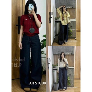 Quần Bò Jeans Nữ Ống Rộng, Quần Bò Denim Suông Ống Rộng Trơn Màu Xanh Đậm Phối Chỉ Nổi Cạp Cao Siêu Hách Dáng Cực Đỉnh