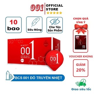 Bao cao su 001, bcs siêu mỏng, truyền nhiệt, kéo dài thời gian, nhiều gel bôi trơn - 1 Hộp 10 bao