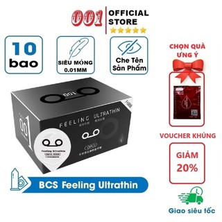 Bao cao su 001, bcs siêu mỏng, truyền nhiệt, kéo dài thời gian, nhiều gel bôi trơn - 1 Hộp 10 bao