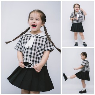 Set kẻ caro bé gái style Back to school. Chất kẻ thô mềm, thấm hút. Áo cổ thuỷ thủ, chân váy xếp ly. Màu siêu Tây