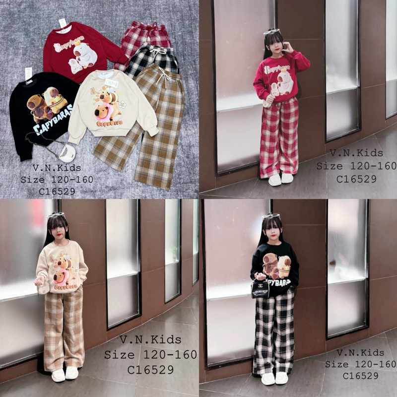 Bộ nỉ Capybara + quần dạ kẻ xuông size đại 20kg - 45kg (V.N.Kids)