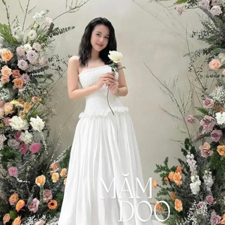 Đầm ống cúp ngực MĂMDOO nhún thun dáng xòe trắng đen,váy maxi bo chun dáng xòe cho nàng đi biển