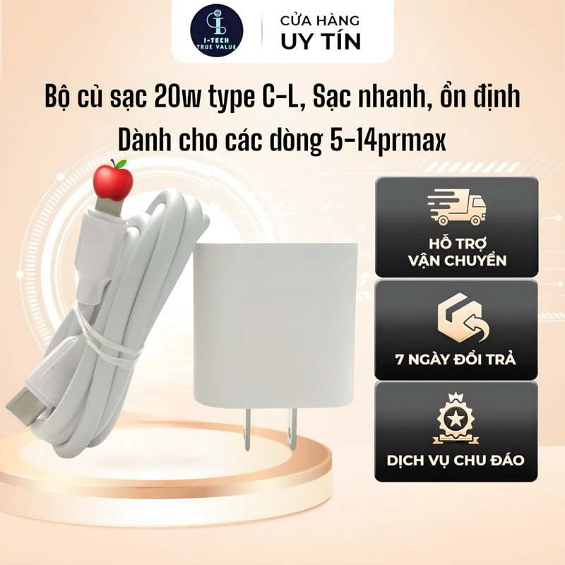 Bộ Sạc Nhanh PD 20W Dành Cho 5 -14 Promax Type C- L, Cáp Dù Chống Đứt, Hỗ Trợ Sạc Nhanh Ổn Định