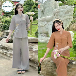 Bộ pháp phục bộ quần áo đi chùa thêu Tâm Bồ Đề chất liệu lụa trượt nhật Cao Cấp - PP38