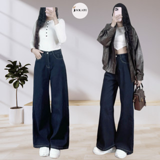 Quần Jeans Mềm Ống Rộng Joolate Xanh Đậm Viền Chỉ Nổi phong cách basic
