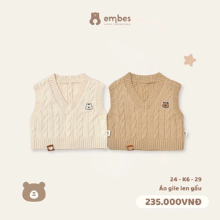 Áo len gile cổ tim thêu gấu EMBES cho bé trai bé gái, áo len dày dặn cho trẻ em BEO.Kids