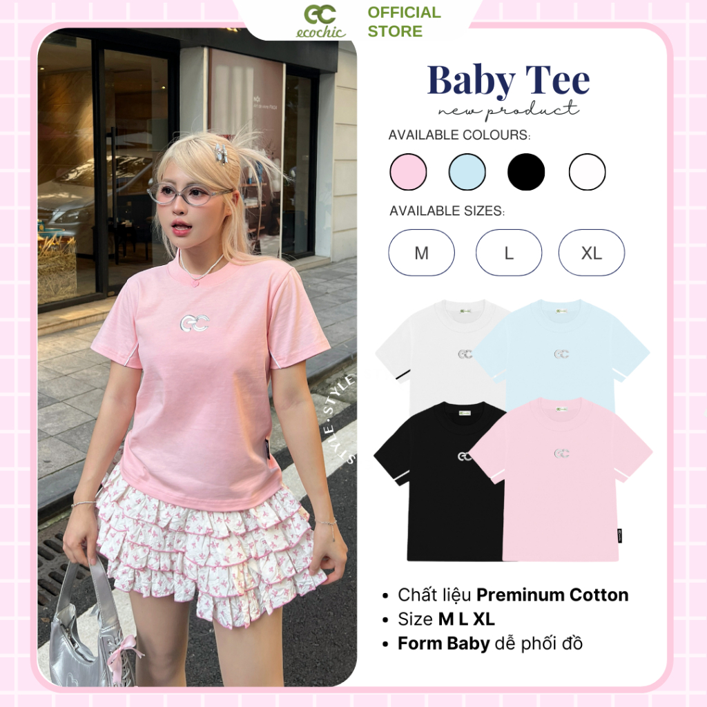 Áo Thun Cộc tay Baby Tee ECOCHIC 1-LINE Local Brand Chính Hãng Form Ôm Nữ Fit Body Cổ Tròn Thời Tran