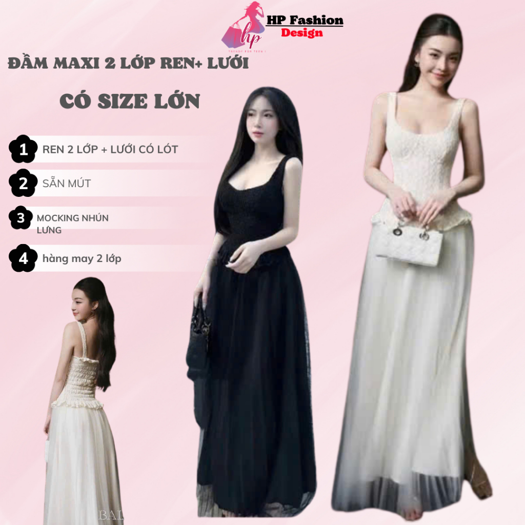 Váy đi tiệc maxi 2 dây bản ôm body, đầm kiểu nữ ren phối lưới có mút trắng đen dáng dài sang chảnh hàn quốc G999