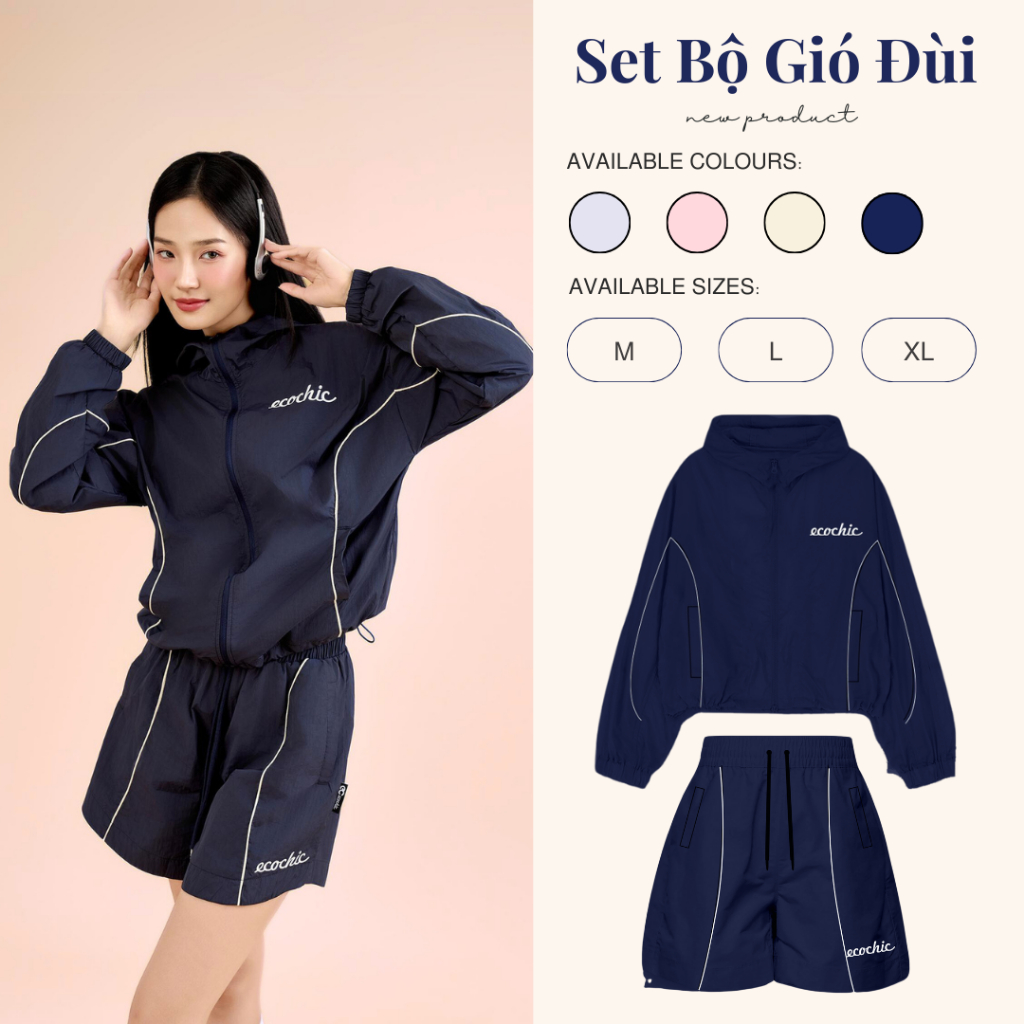 Set Bộ Gió Quần Đùi ECOCHIC DELINE Chính Hãng Áo Khoác Quần Đùi Bo Chun Vải Nhăn Thể Thao Năng Động B099