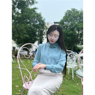 Áo Sơ Mi cổ sen Sam Sam tay dài, vai bồng nhún chất liệu lụa mỹ bay bổng mặc đi làm rất thoải mái
