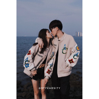 Áo khoác Varsity Bomber Jacket Achock COLORFUL FLOWER nỉ dạ tay da hoạ tiết thêu khoác bóng chày 9ty