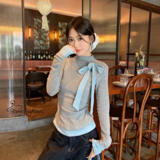 Áo thun xám dài tay phối nơ, viền xanh pastel trẻ trung phong cách coquette