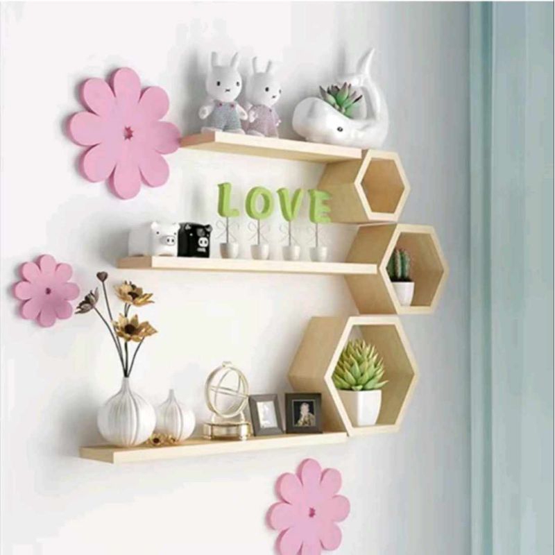 Kệ treo tường 3 tầng 6 món như hình,gồm 3 ô lục giác kèm 3 thanh ngang decor phòng , giá tại xưởng