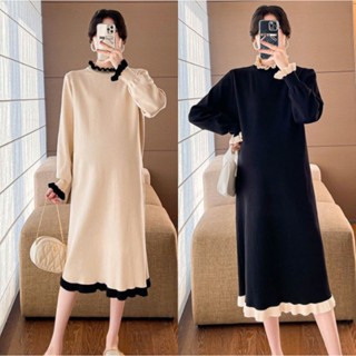 Váy Đầm Bầu Len Cổ Cao Phối Bèo Cổ Bèo Tay - Váy Bầu Dài Tay Dáng Suông Dài Qua Gối Cho Mẹ Mặc Ấm Áp Mùa Thu Đông