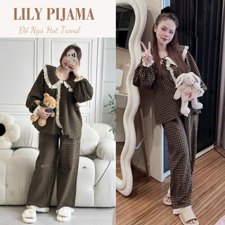  Đồ ngủ nữ Lily dài tay kẻ sọc nâu chất liệu vải cao cấp đồ bộ nữ mặc nhà pijama dễ thương có phối ren 