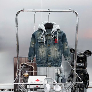 Áo khoác bò có mũ bé trai DSQ denim wash xanh bụi rách phối tay mũ nỉ xám in chữ DS.Q boy phố 14074