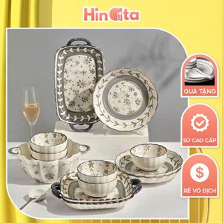 Bộ bát đĩa sứ cúc họa mi HINATA bộ chén dĩa bát ăn cơm đĩa sứ bát ô tô đựng canh thanh lịch sang trọng, Bảo hành 1-1