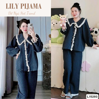  Đồ ngủ nữ kẻ sọc xanh dài tay phối ren vintage phong cách thời trang Lily đồ bộ nữ pijama mặc nhà dễ thương 
