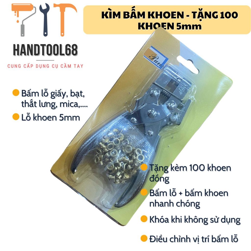 Kìm bấm lỗ giấy, da, bạt, đường kính khoen 5mm (không bấm lỗ trên vải)- Tặng100 khoen