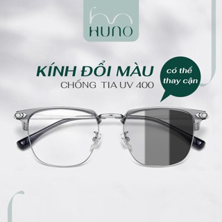 Kính đổi màu Nam Nữ HUNO Cao Cấp 2025 thiết kế gọng vuông kim loại thời trang chống ánh sáng xanh có thể cắt cận K68
