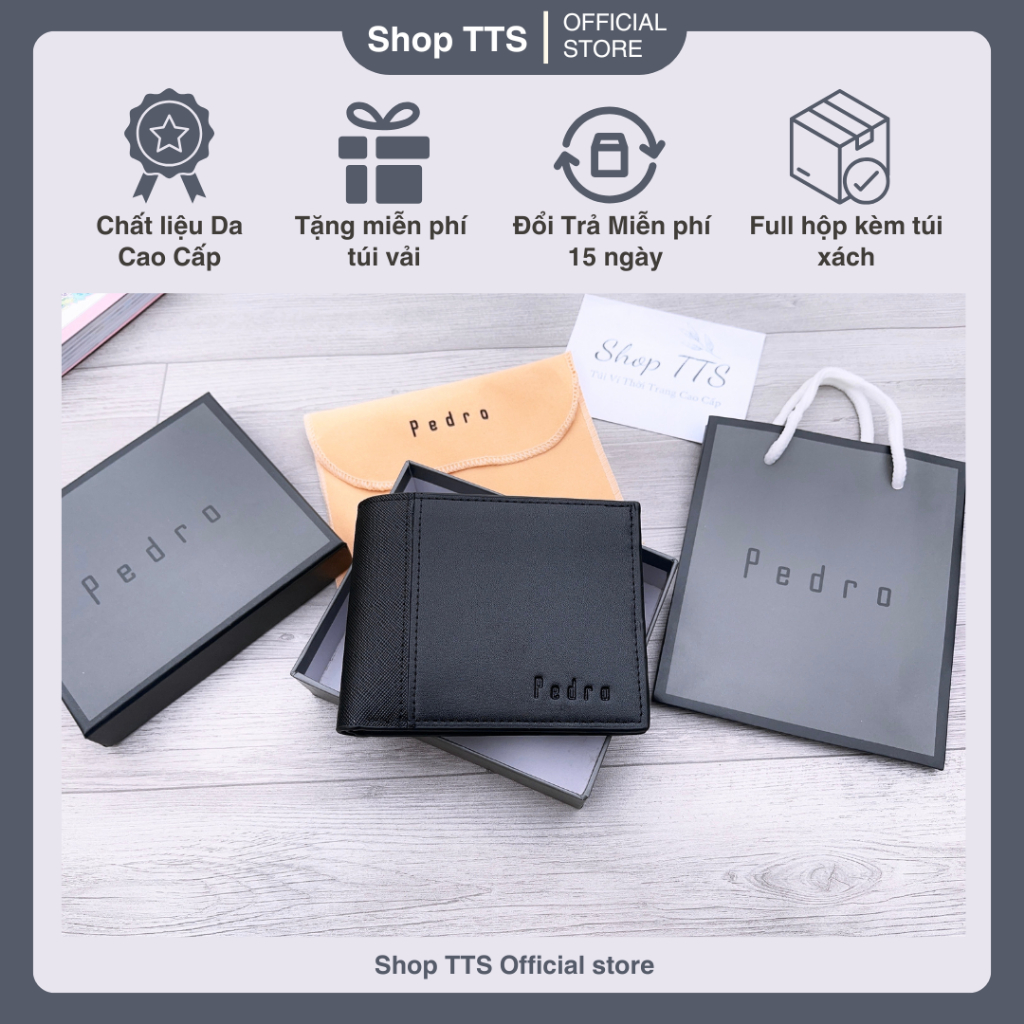 Ví/Bóp Da Nam Pedro Trơn Full Hộp Kèm Túi Xách Giấy Hãng