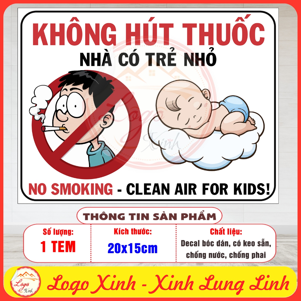LOGO TEM STICKER KHÔNG HÚT THUỐC NHÀ CÓ TRẺ NHỎ, NO SMOKING KID CHILD INSIDE, CẤM HÚT THUỐC LÁ CÓ TR