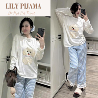  Đồ ngủ nữ dài tay Lily chất thun mềm in hình chó poodle phối quần kẻ caro xanh set đồ nữ pijama mặc nhà cute HCOM3323 