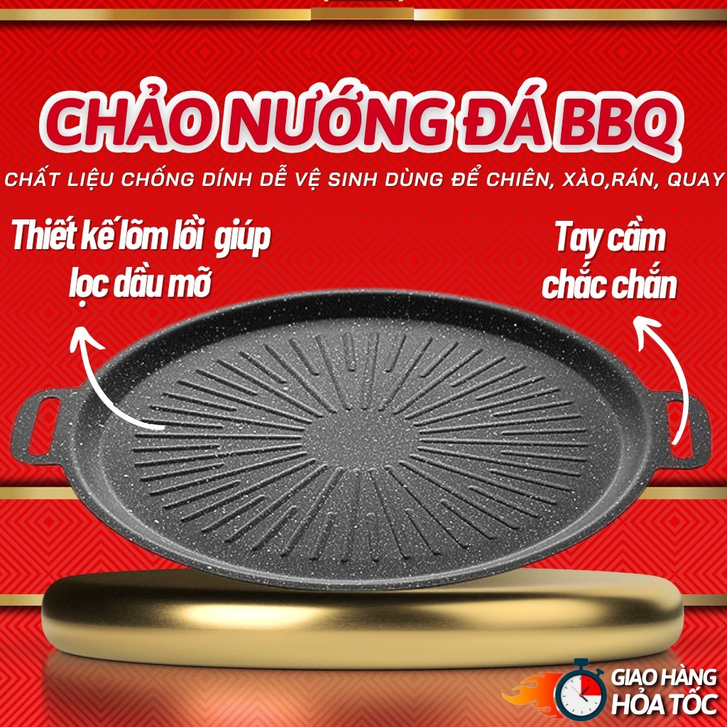 Chảo nướng đá chống dính không dầu Hàn Quốc size 32cm chảo nướng thịt BBQ dùng được cho cả bếp từ