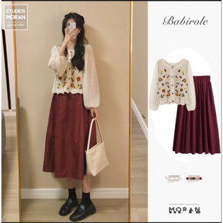 (HÀNG SẴN) Set áo sơ mi đan móc thêu hoa vintage đáng yêu cổ tích + Chân váy xòe dài màu đỏ MORAN Hàn Quốc - AV222