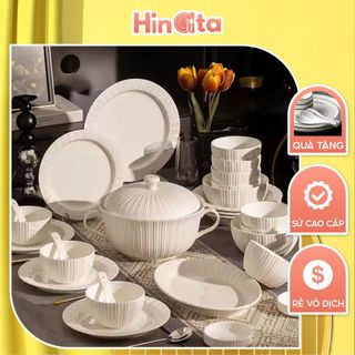Đĩa bát sứ trắng vân mây HINATA bát ô tô đựng canh bộ chén dĩa bát ăn cơm đĩa sứ thố đựng sang trọng, Bảo hành 1 đổi 1