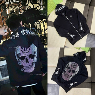 Áo khoác hoodie zip nam nữ Philipp Plein thêu logo ngực đính đá đầu lâu lưng phối khoá zip sọ tay cho các boy phố 2024