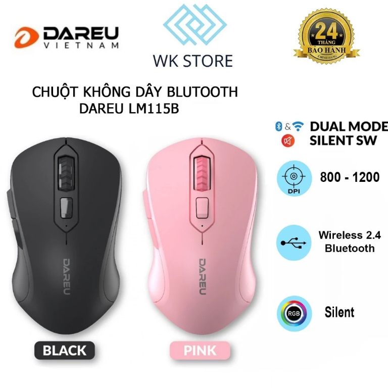 Chuột không dây Bluetooth 5.0 Dareu LM115B + Wireless 2.4GHz ( Silent Switch ) - Hàng chính hãng ( B