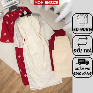 Áo dài cách tân bigsize nữ kiểu cổ tròn hoa thêu nút bọc đính nơ kèm quần MON big size 50 - 90kg