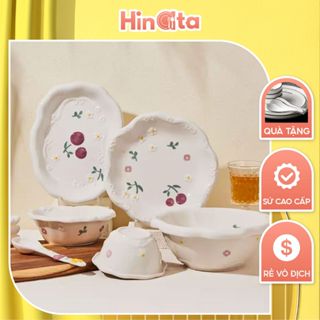 Lẻ Bộ bát đĩa chén HINATA dĩa sứ quả Việt quất hoa cúc trắng khắc nổi dễ thương tạo hình độc lạ bếp ấm cúng