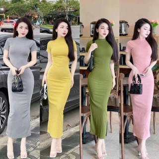 Đầm body dáng dài tay ngắn, Váy Body vải thun gân Quảng Châu co giãn ANZi House AZH16